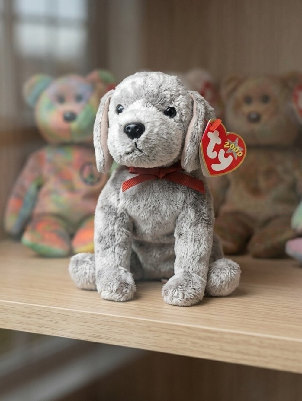 ​Ty Beanie Baby TRICKS Dog Plush 2000 – Grey Poodle with Red Ribbon & Heart Tag